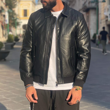 Giacca Bomber di pelle con colletto - FLAG STORE